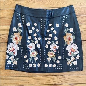 Vintage Free People Studded Black Vegan Leather Mini Skirt w Floral Embroidery